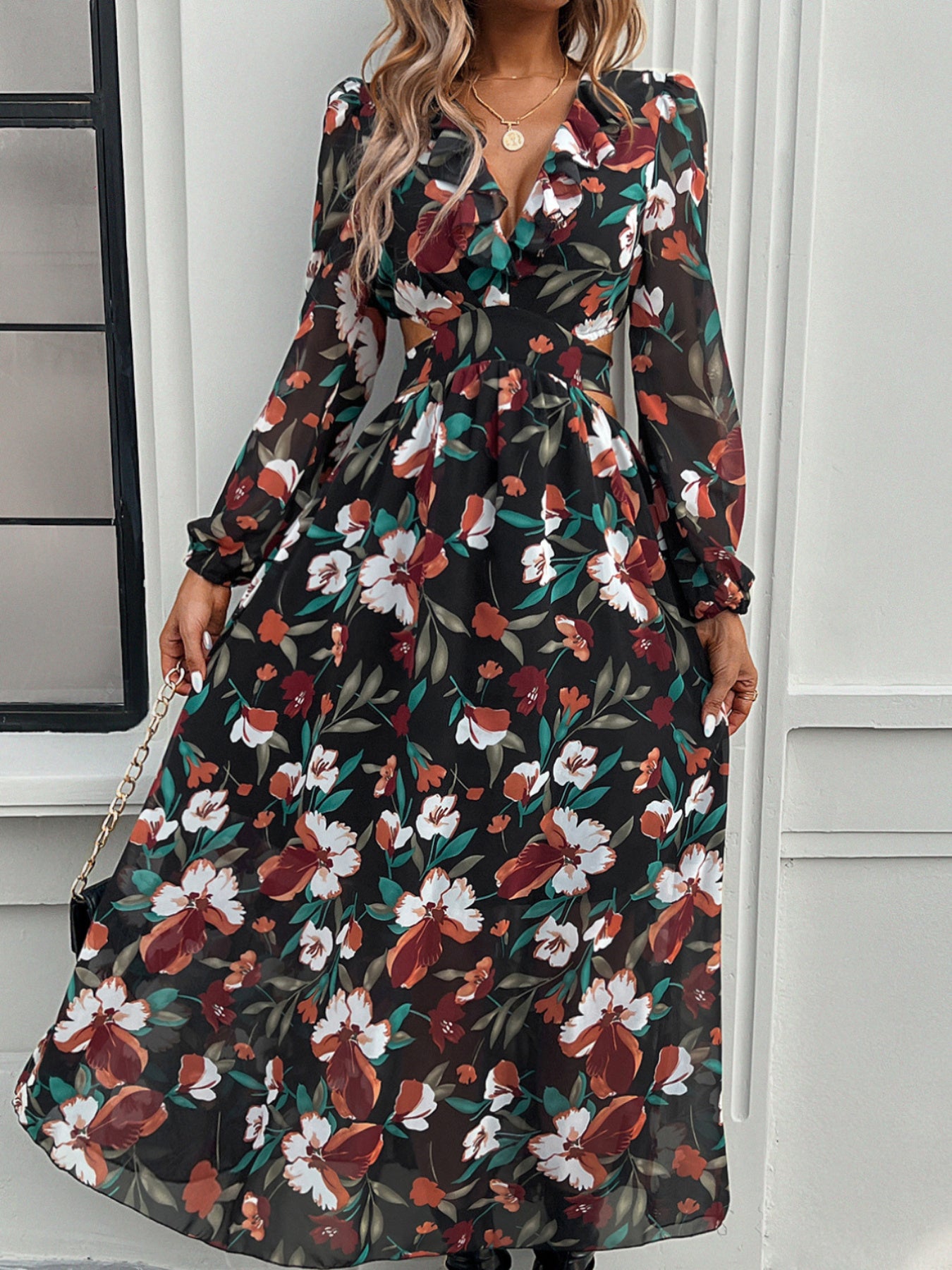 Stylish Floral Dresses with V-Neck, Long-Sleeved& Waist-Cinching Design for A Comfortable Look- Holiday& Casual Outfit for Women