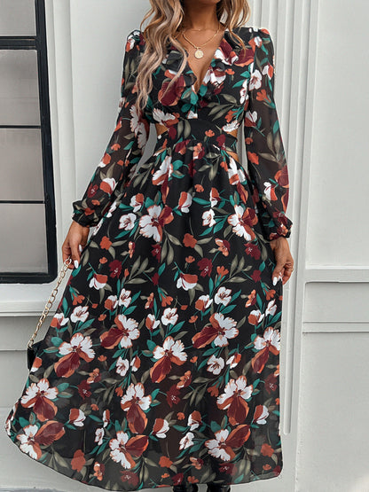 Stylish Floral Dresses with V-Neck, Long-Sleeved& Waist-Cinching Design for A Comfortable Look- Holiday& Casual Outfit for Women
