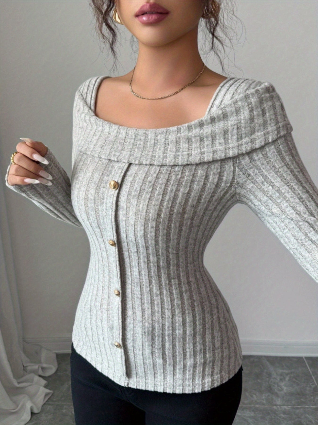 Women'S Slim-Fit Cropped Ribbed T-Shirt - Long Sleeve Square Neck Layering Top, X-Line Silhouette for Fall Winter, Elegant Casual & Semi-Formal Wear, Soft Stretchy Fabric, No Padding, Versatile Everyday to Office Outfits (Sol