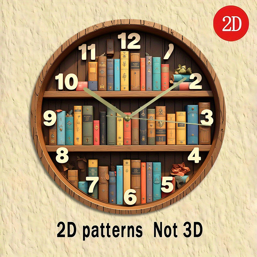 2D Flat, 1pc Bookshelf Wall Clock - Silent Non-Ticking Battery Operated (AA Batteries Not Included) - Vibrant Book Design with 12 Numbers, Acrylic Material, Perfect for Home, Office, Bedroom Decor - Unique Christmas Gift Idea