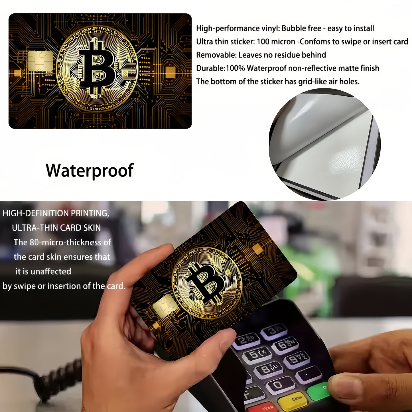 2pcs Golden Design Bitcoin Theme Waterproof Stickers, Ultra-Thin High-Quality Scratch-Resistant Card Skins for Credit/Debit Cards, Bank Cards & Public Transport, Removable Self-adhesive Decorative Stickers (ideal Gift For Men