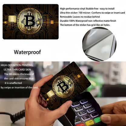 2pcs Golden Design Bitcoin Theme Waterproof Stickers, Ultra-Thin High-Quality Scratch-Resistant Card Skins for Credit/Debit Cards, Bank Cards & Public Transport, Removable Self-adhesive Decorative Stickers (ideal Gift For Men