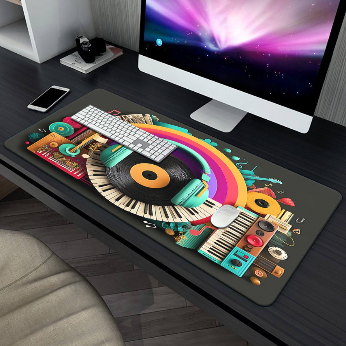 1pc XXL Music Headphones & DJ-Themed Gaming Desk - Non-Slip Rubber Base Large Computer Mouse Pad with Vinyl Record, Sound Mixer & DJ Equipment Design for Office, PC, Laptop - Ideal for Musicians & Audio Engineers