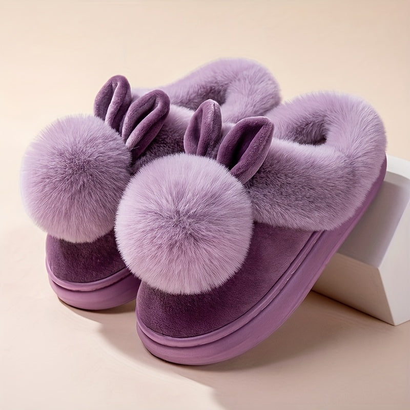 [Cozy House Shoes] 2025 New Autumn & Winter Single Ball Rabbit-Ear Design Warm Slippers for Men & Women - Couples' House Shoes with Thick Sole & Semi-Enclosed Back | Indoor/Outdoor Slides | Lightweight & Quiet Home Footwear |