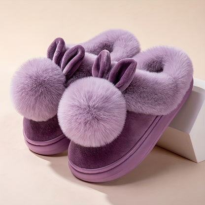 [Cozy House Shoes] 2025 New Autumn & Winter Single Ball Rabbit-Ear Design Warm Slippers for Men & Women - Couples' House Shoes with Thick Sole & Semi-Enclosed Back | Indoor/Outdoor Slides | Lightweight & Quiet Home Footwear |