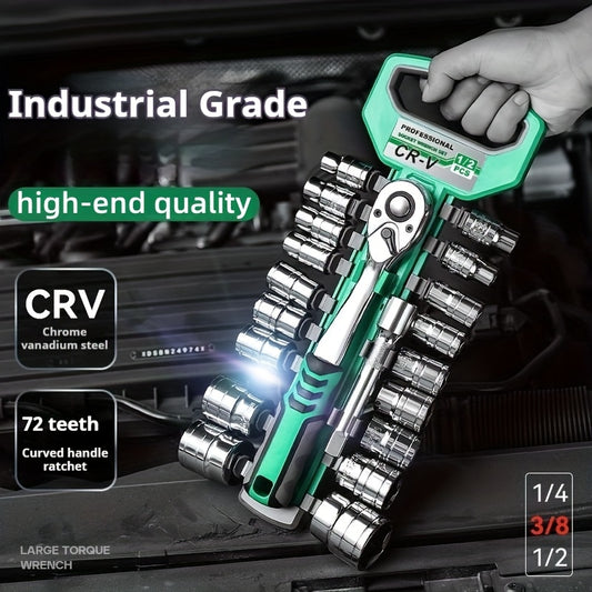30/22/13-piece Professional Chrome Vanadium Steel Forged 72-tooth Ratchet Wrench And Sleeve Set (including Storage Rack) - Multi-specification, Full Size - Suitable For Automobile Engine, Motorcycle And Bicycle Repair And Mai
