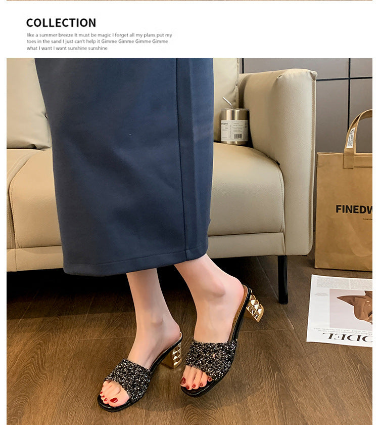 Women'S Chunky Heel Sandals - Slip-On Open-Toe High Heels with Ankle Strap, Golden Glamorous Party Shoes for Formal Events, Weddings, Nightouts - Cushioned Insole & Non-Slip PVC Sole - Available in Wide Widths (Women'S Summer