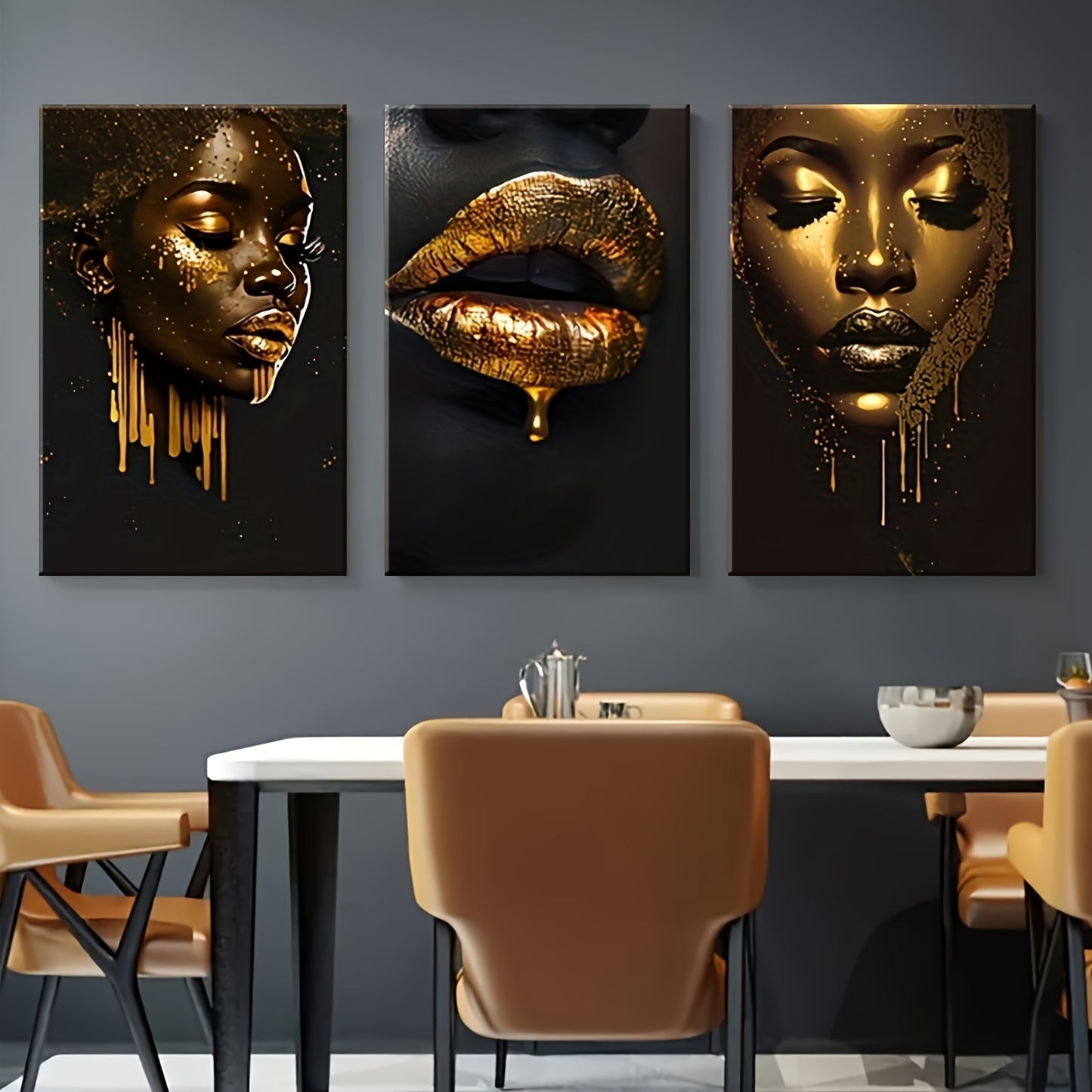 3pcs inset wood framed canvas paintings Golden and black portrait with bold lipshome decor and accessorie