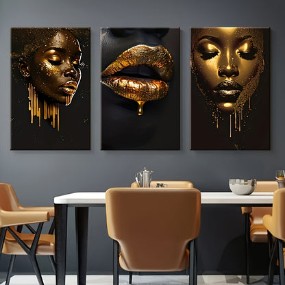 3pcs inset wood framed canvas paintings Golden and black portrait with bold lipshome decor and accessorie