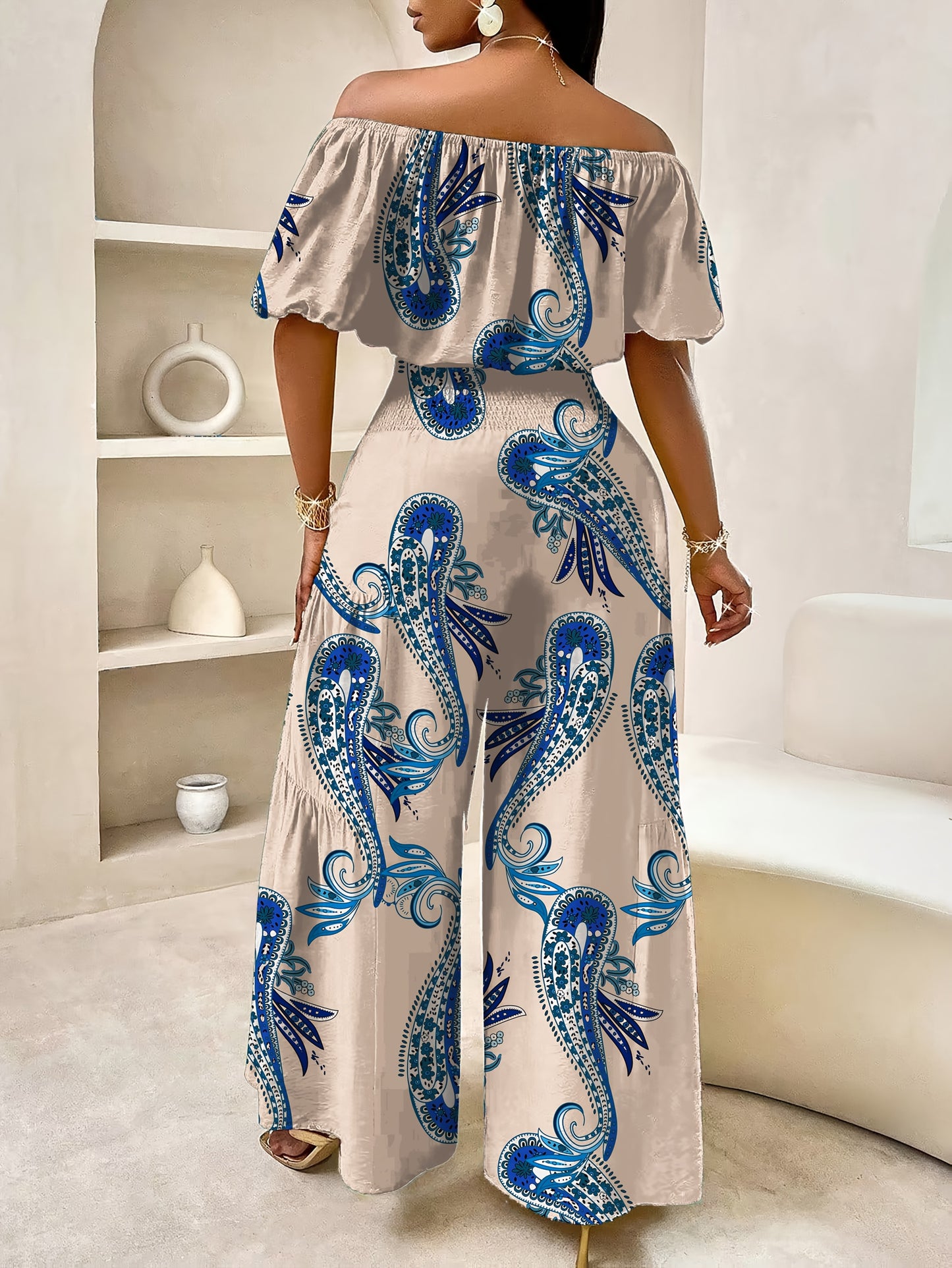 Summer Paisley Print Single Shoulder Bat Sleeve with Lace Edge Off Shoulder Short Top and Wide Leg Pants Set