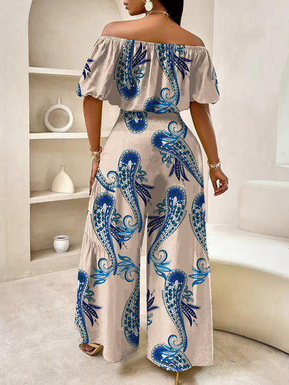 Summer Paisley Print Single Shoulder Bat Sleeve with Lace Edge Off Shoulder Short Top and Wide Leg Pants Set