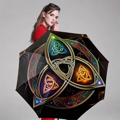 Automatic Opening/Closing Umbrella with Celtic Knot Design - Automatic Folding/Opening, 8-Rib Windproof Construction, Golden/Green/Blue/Purple/Black/Orange/Red/White/, Compact Travel Umbrella for Women/Men, Celtic Knot Patter