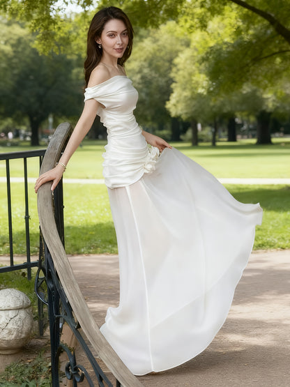 Women'S Elegant Off-the-Shoulder Mermaid/Trumpet Mermaid Long Formal Dress - Sexy Sleeveless A-Line Tulle Evening Gown with Keyhole Neckline, Solid White Floor-Length Wedding & Banquet Dress for Prom, Gala, Special Occasions