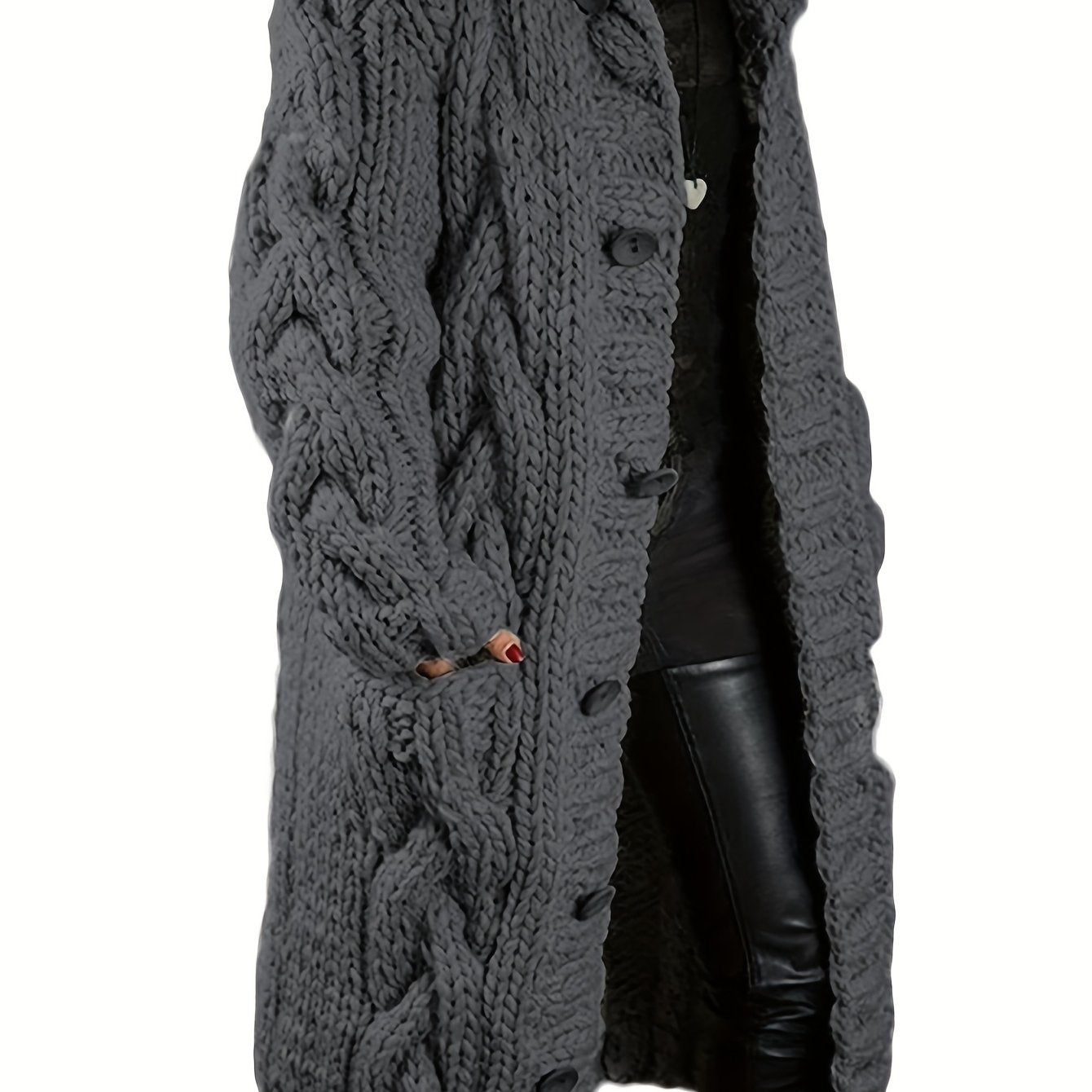 Plus Size - Cardigan for Women in Fall And Winter - Casual Plus Size, Oversized Design with Long Sleeves Featuring a Cable Pattern, Single Row of Buttons, Pockets, And a Long Length. Made from Soft Fabric, It Can Be Hand Wash