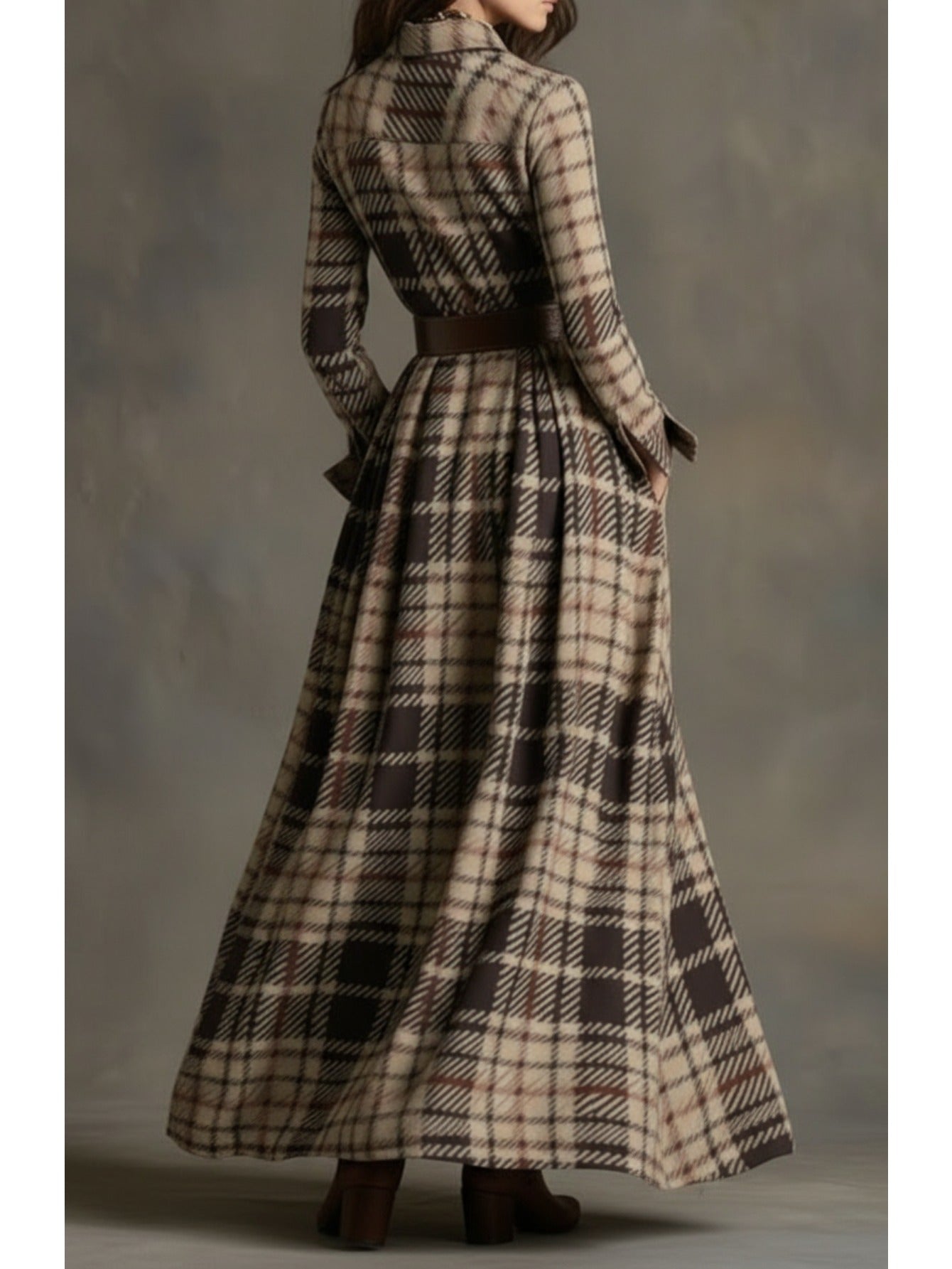 Women's Brown-Toned Plaid Women's Brown-Tan Plaid - Belted Shirt Maxi Dress | Retro Utility Style - Suitable for Daily Outings, Light Retro Looks - aShirt Maxi Dress | Retro Utility Style - Suitable for Daily Outings, Light R