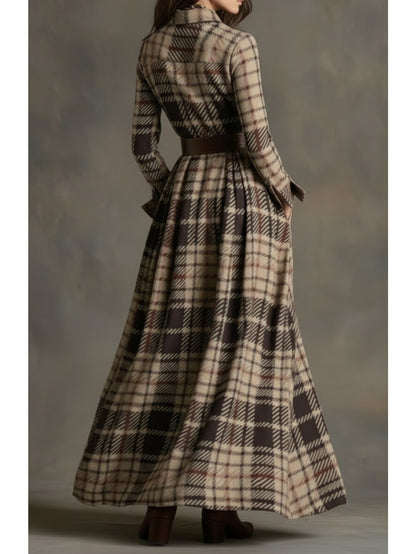 Women's Brown-Toned Plaid Women's Brown-Tan Plaid - Belted Shirt Maxi Dress | Retro Utility Style - Suitable for Daily Outings, Light Retro Looks - aShirt Maxi Dress | Retro Utility Style - Suitable for Daily Outings, Light R