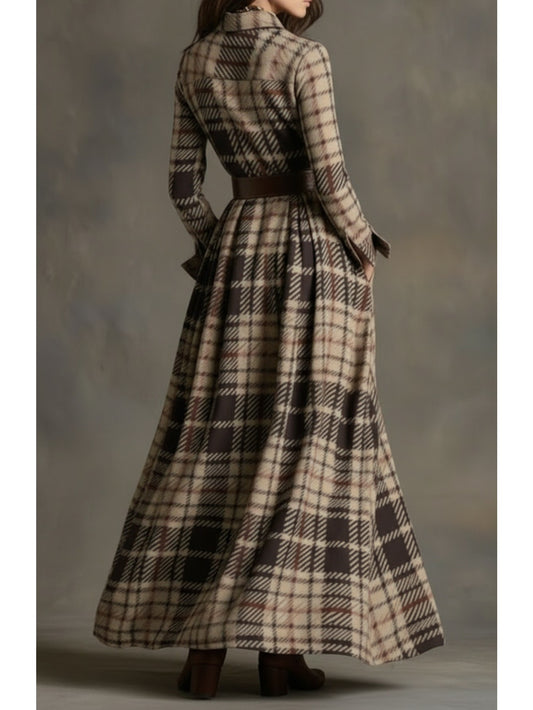 Women's Brown-Toned Plaid Women's Brown-Tan Plaid - Belted Shirt Maxi Dress | Retro Utility Style - Suitable for Daily Outings, Light Retro Looks - aShirt Maxi Dress | Retro Utility Style - Suitable for Daily Outings, Light R