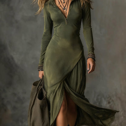 Women's Winter Office Dress - Sexy Half-Zip Collar Midi Dress with Split Hem, Slim-Fit Long Sleeve Solid Color Dress for, Meetings & Semi-Formal Events, Machine Washable (No Elasticity)