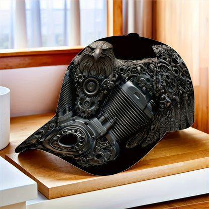 1pc Men's & Women's Mechanical Eagle Print Baseball Cap with Motorcycle/Gear Design - Adjustable Snapback, Foldable Lightweight Polyester Hat, All-Season Outdoor Sports Accessory, Durable Full-Body Motorcycle-Inspired Headwea