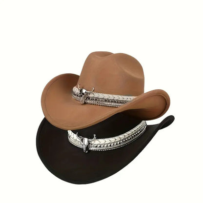 2pcs Western Cowboy Hat Mix & Match - Hand-Braided Large Bull Head Buckle Accessory, Wide-Brim Flat-Top Hats Suitable for Men & Women, Cowboy/Cowgirl, Themed Parties, Rodeo, Western Events - Handwashable, Handwash Care