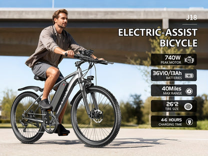 26 Inch Adult Electric 48V10Ah Removable Battery 740W Peak Motor 20 MPH All-Terrain Mountain E- with Front Suspension, Disc Brakes & LCD Display - Heavy-Duty Tire Conversion (Compatible with 110-240V) for Men &