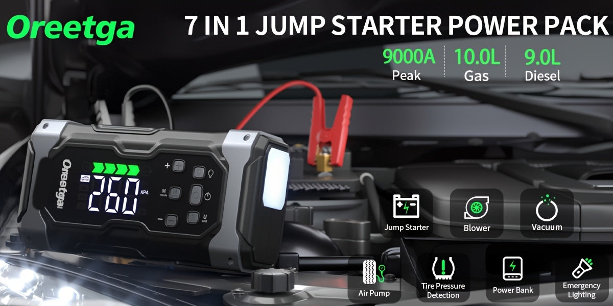 9000A Car Battery Jump Starter - Portable Power Pack with Extended Smart Jumper Cables, Quick Charge, Large Display, LED Lights, And Safety Protections for (All Gas/3.17gal Diesel) Engines, Start The Car Quickly, Jump Starter