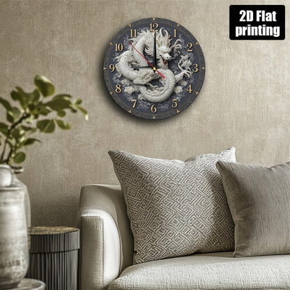 1pc Asian-Inspired Dragon Wall Clock - 9.8 Inch Round Wooden Silent Non-Ticking Clock with Golden Hands & Black Face, White Dragon Art for Home Office Decor, Birthday/Chinese New Year/Housewarming Gift (Battery Not Included)
