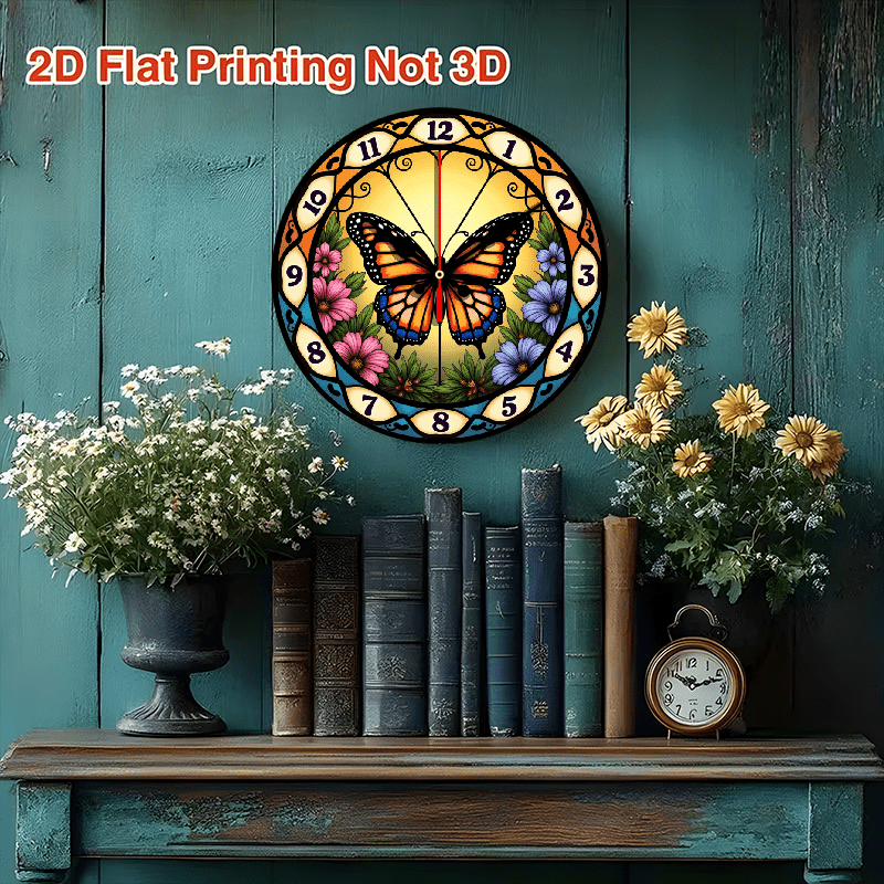 1pc Stained Glass Butterfly Suncatcher Wall Clock - 10 Inch Round Silent Non-Ticking Battery-Powered (AA Not Included) with Easy-to-Read Numerals, Multicolor (Orange/Pink/Purple/Green/Yellow) Floral Butterfly Design - Elegant