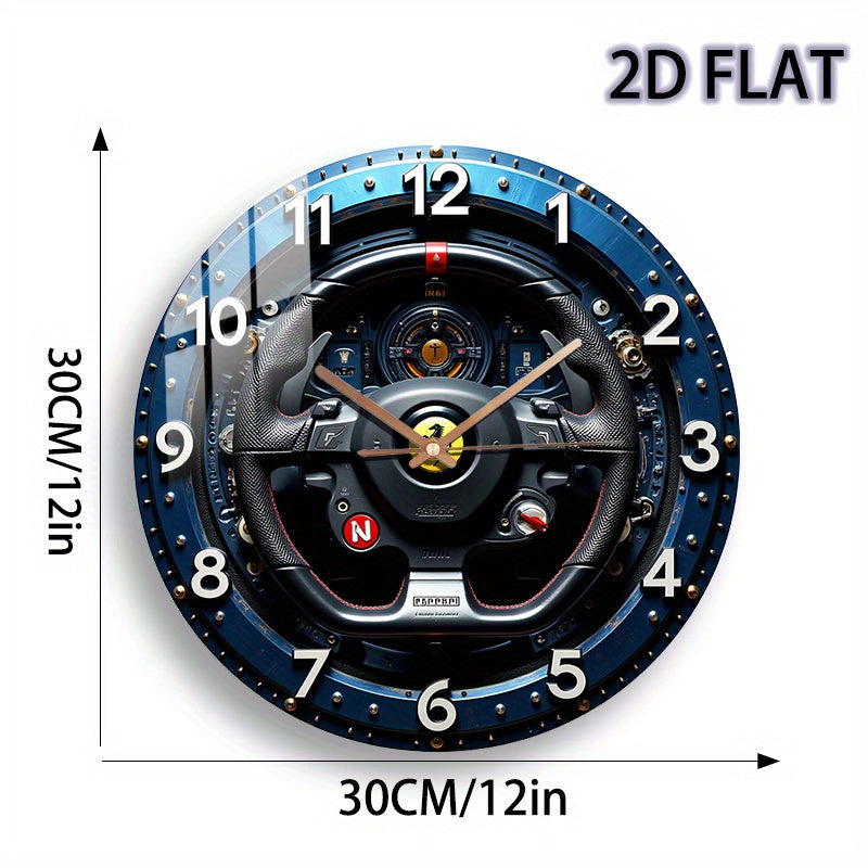 12-Inch Racing Car Steering Wheel Wall Clock - Silent Quartz Movement, Black & Yellow with Red N Emblem & Metallic Accent - Glass Round Clock for Home, Garage, Office, for Man Cave Decor - Ideal Gift for Motorsport Fans (AA B