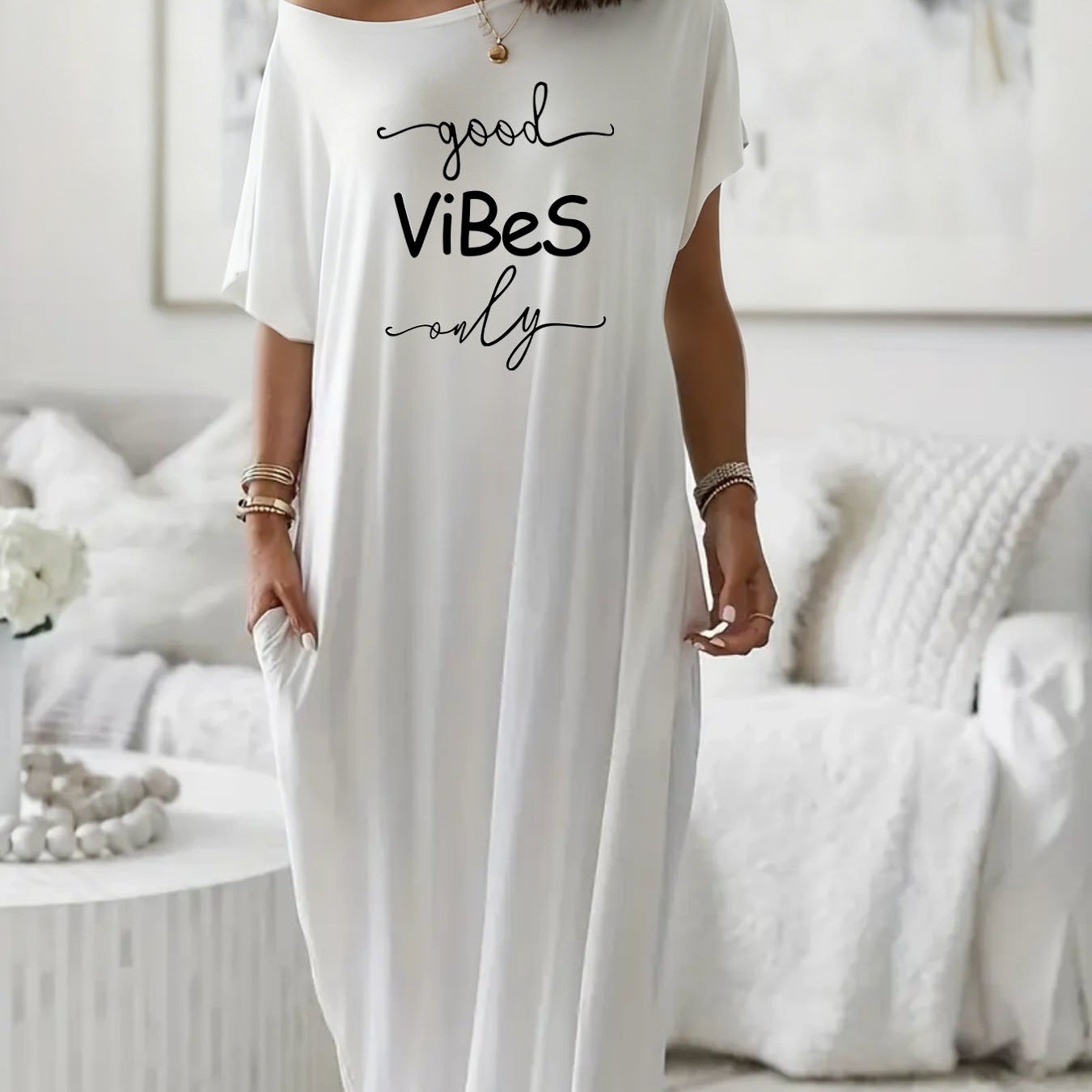 Women's Off-Shoulder Loose Maxi Dress Good Vibes Only Print Casual Comfortable Pocket Loungewear Nightgown
