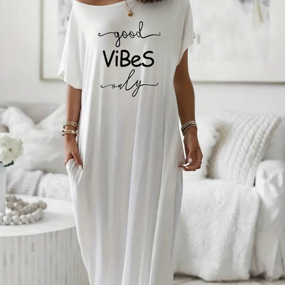 Women's Off-Shoulder Loose Maxi Dress Good Vibes Only Print Casual Comfortable Pocket Loungewear Nightgown
