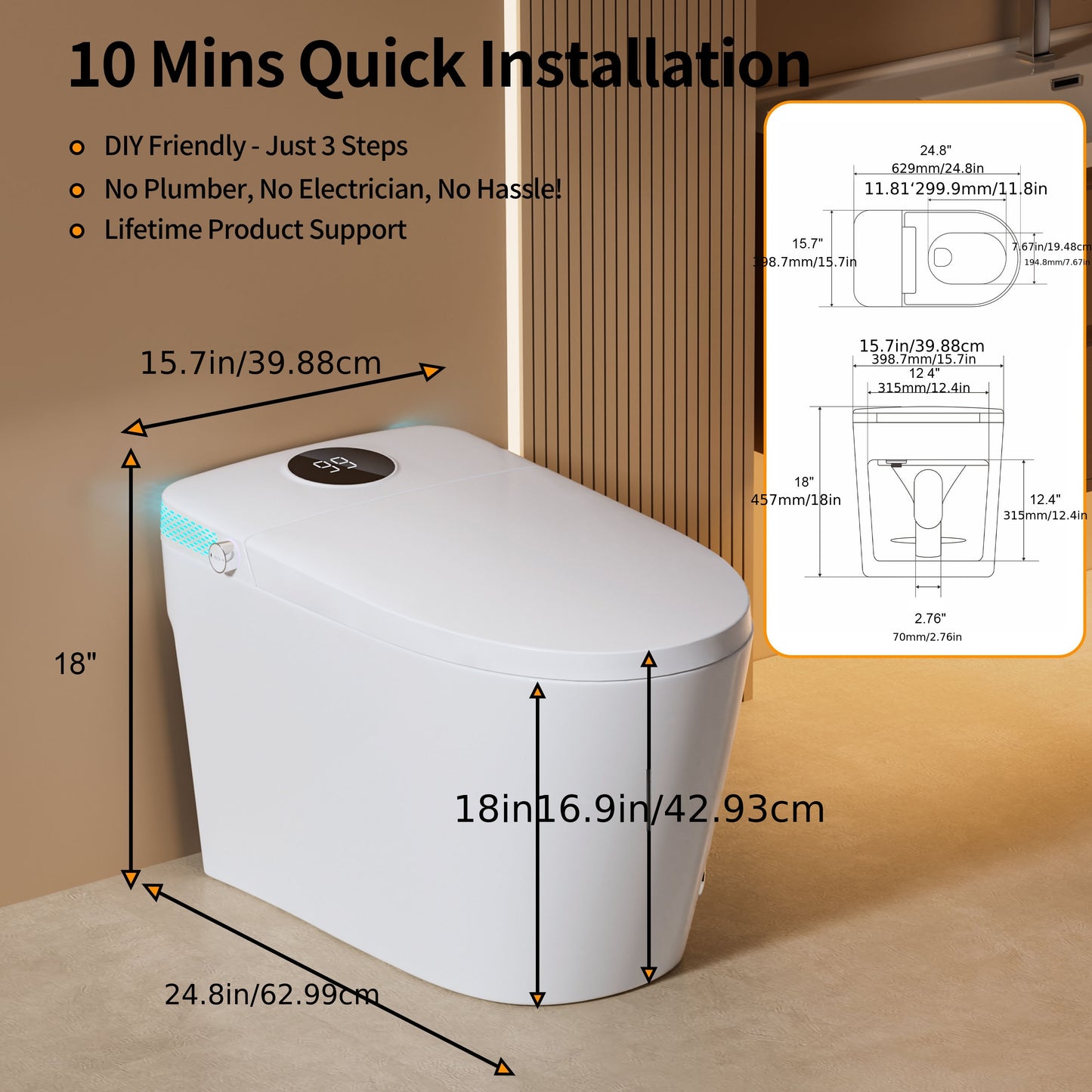 This Integrated Smart Toilet Features a Heated Seat, Night Light, Multiple Cleaning Functions, a Dual Flush System with Various Washing Modes, a Detachable Spray Wand, Drying Function, Automatic Lid Lift, Bathroom Slow-Close