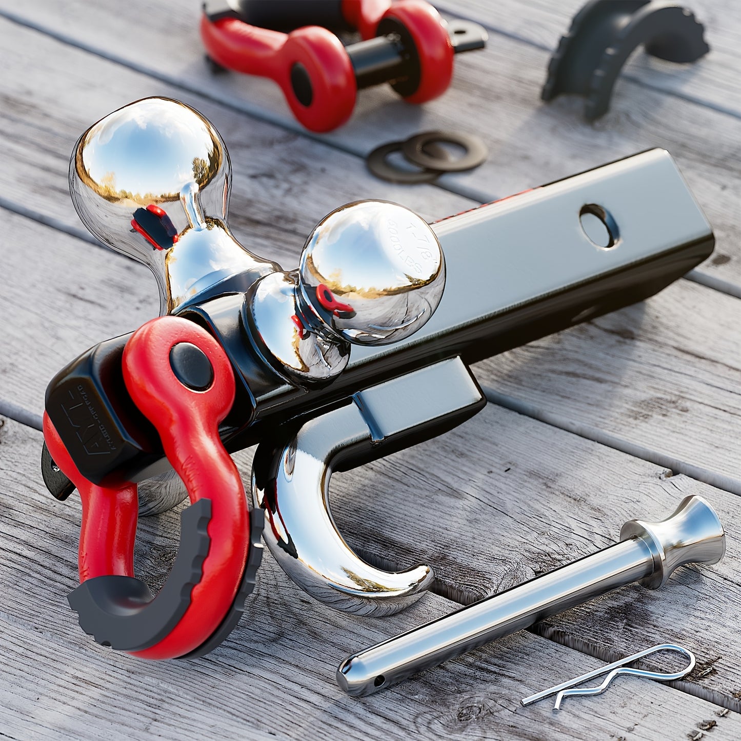 Ayleid Tri-Ball Trailer Hitch Mount with Rotatable Hook & Pin - Includes 3 Replaceable Balls (1-7/8", 2", 2-5/16") - Fits 2" Receiver for Secure Towing, Red Handle & Black Metal Construction