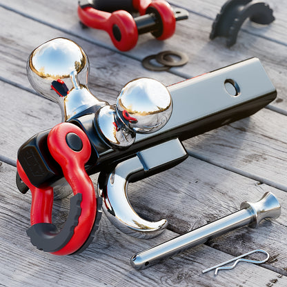Ayleid Tri-Ball Trailer Hitch Mount with Rotatable Hook & Pin - Includes 3 Replaceable Balls (1-7/8", 2", 2-5/16") - Fits 2" Receiver for Secure Towing, Red Handle & Black Metal Construction
