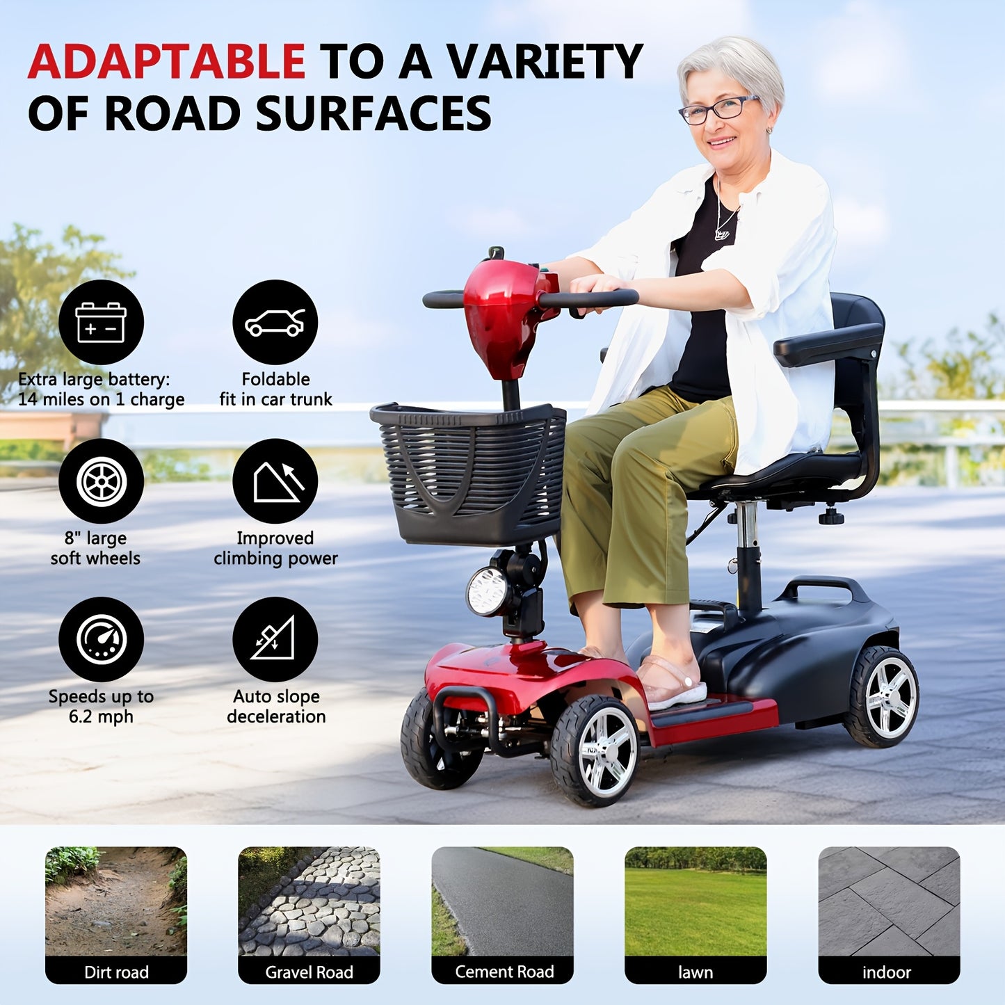 All-Terrain Foldable Mobility Scooter for Adults - 250W High-Speed Motor, 14-Mile Range, 265lbs Capacity, Large 8" Wheels with Shock Absorption, LED Headlight & Horn, Basket & Cup Holder - Grass, Gravel, Hills, Lawns, Sidewal