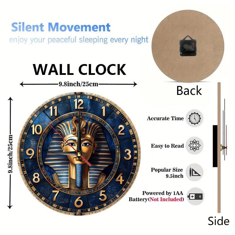 Egyptian-Themed Silent Wooden Wall Clock, 9.8" Round - Farmhouse Style Decor for Kitchen, Bedroom, Office | Easy to Read, No Ticking Sound | Battery Not Included, Round Hanging Clock