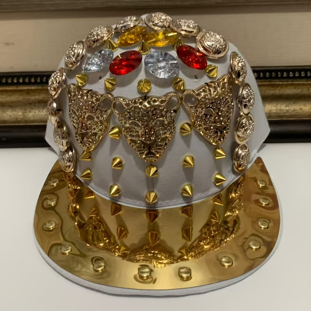 Unisex Punk Street Style Adjustable Snapback Cap with Golden Spikes & Gemstone Embellishments - Lightweight Handmade Hat for Men & Women, Casual Outings, Concerts, Festivals, Punk Accessories