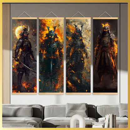 4pcs Unframed Dynamic Flaming Samurai Canvas Posters - Japanese Ukiyo-e Art Style, Odorless & HD, Ideal for Gaming Room/Living Room Decor, Perfect Gift for Japanese Culture Enthusiasts, Indoor Wall Art, Living Room Decor | Sa