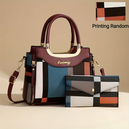 2pcs Set Fashion Plaid Handbag for Women, Zipper Closure, Polyester Lined, Edge Painted, Random Pattern, Versatile Colors - Black, White, Red, Purple, Earthy Yellow