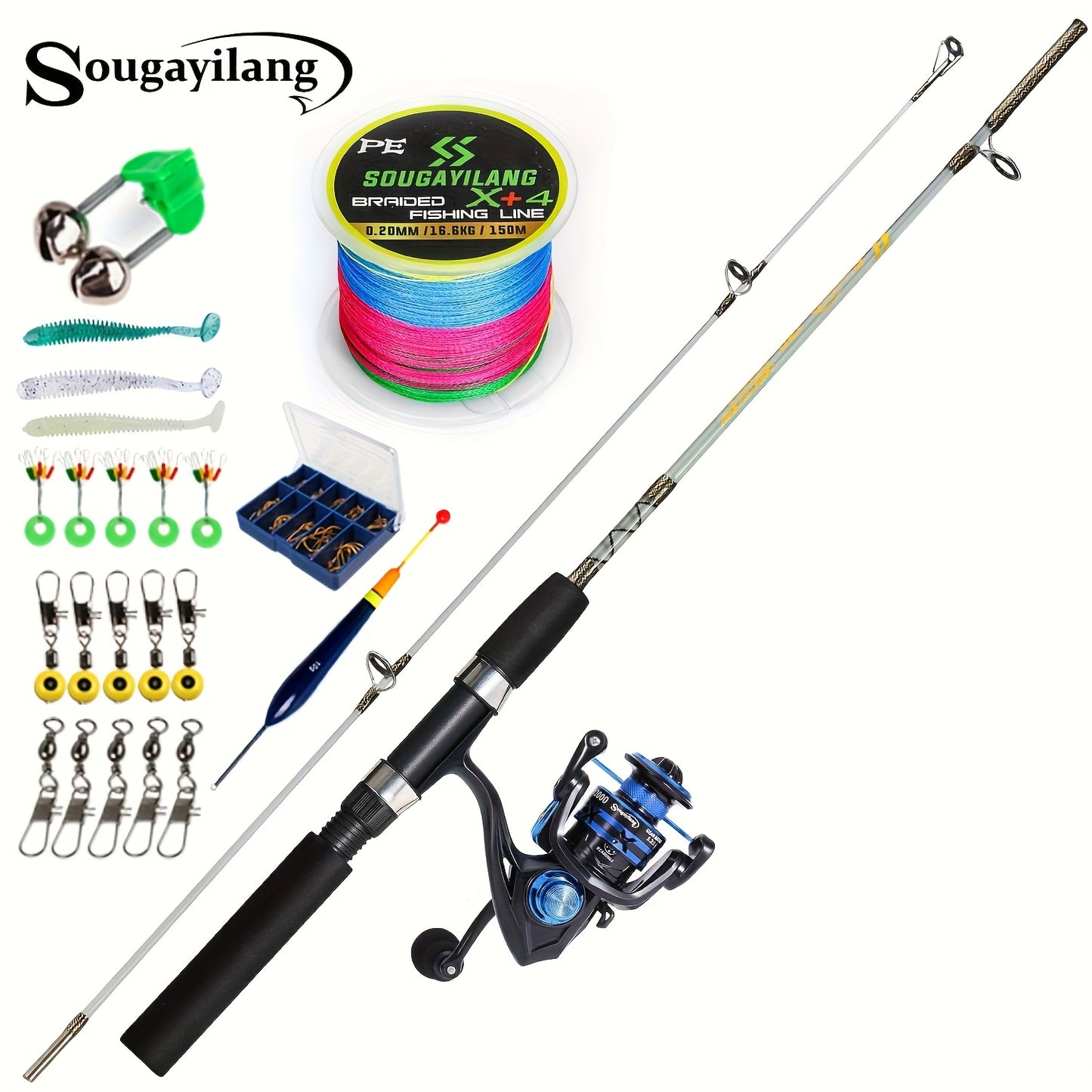 Sougayilang Fishing Rod and Reel Set, Two-Section Straight Handle Spinning Reel Combo with 5.2:1 Gear Ratio for Blackfish, Trout, Bass, Dogfish, and Carp - Beginner-Friendly Complete Tackle Kit with Random Color Line and Bait