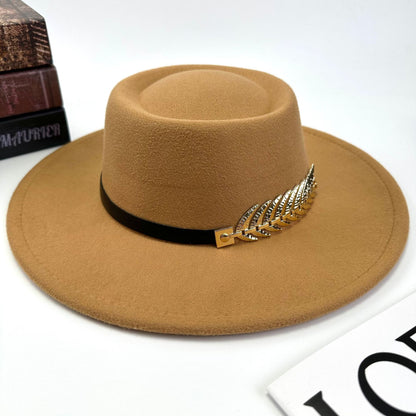 1pc Women'S Retro Wide-Brimmed Fedora Hat with Metal Crescent & Black Leather-like Band - Vibrant Orange/Red/Green/Black/Navy Blue/Purple/White - Elegant Non-Stretch Design for Autumn Winter, Music Festivals, Christmas & Dail