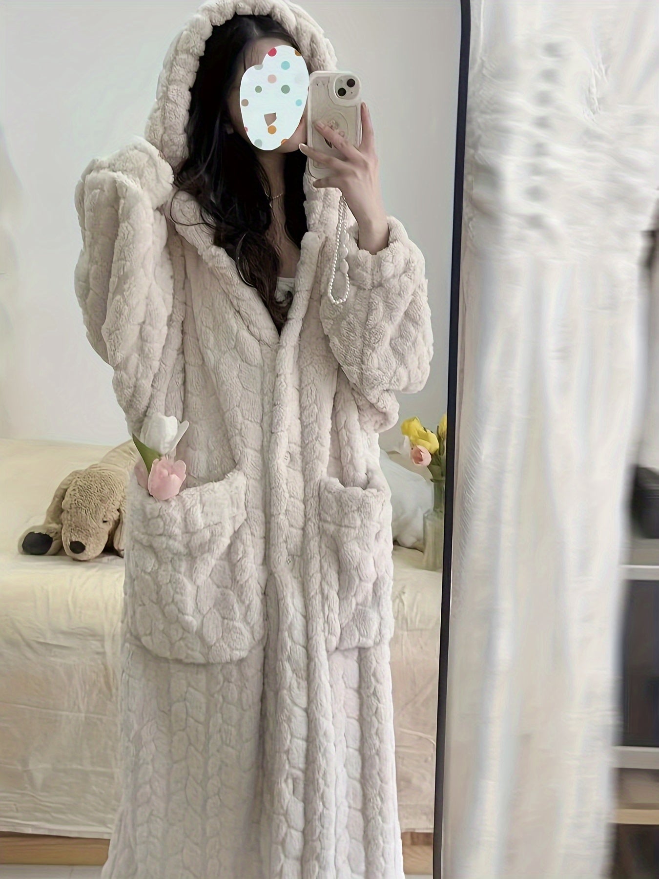 Women's Thickened Winter Pajamas & Sleep Dress - Hooded Button-Front Nightgown with Pockets, Solid Color Jacquard Long Sleeve Nightwear Suitable for Autumn, Winter & Year-Round Use