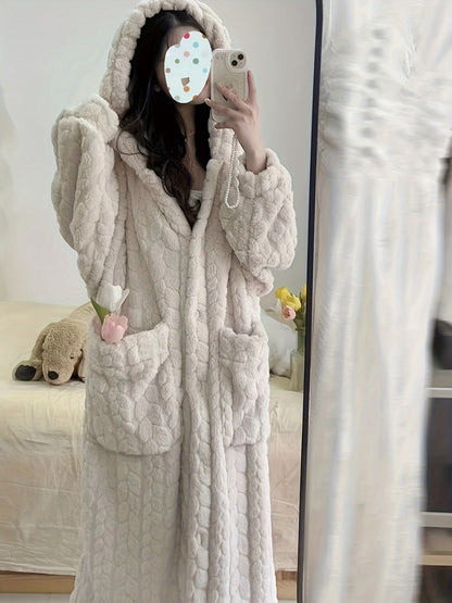 Women's Thickened Winter Pajamas & Sleep Dress - Hooded Button-Front Nightgown with Pockets, Solid Color Jacquard Long Sleeve Nightwear Suitable for Autumn, Winter & Year-Round Use