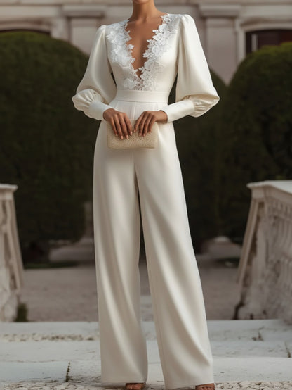 Women' Champagne Lace & Satin Jumpsuit - Retro Deep Bubble Sleeve Wedding Suit, Luxurious Formal Evening Gown for Weddings, Banquets, Autumn/Winter Events (Hand Washable, No alterations) | Champagne color, -Piece