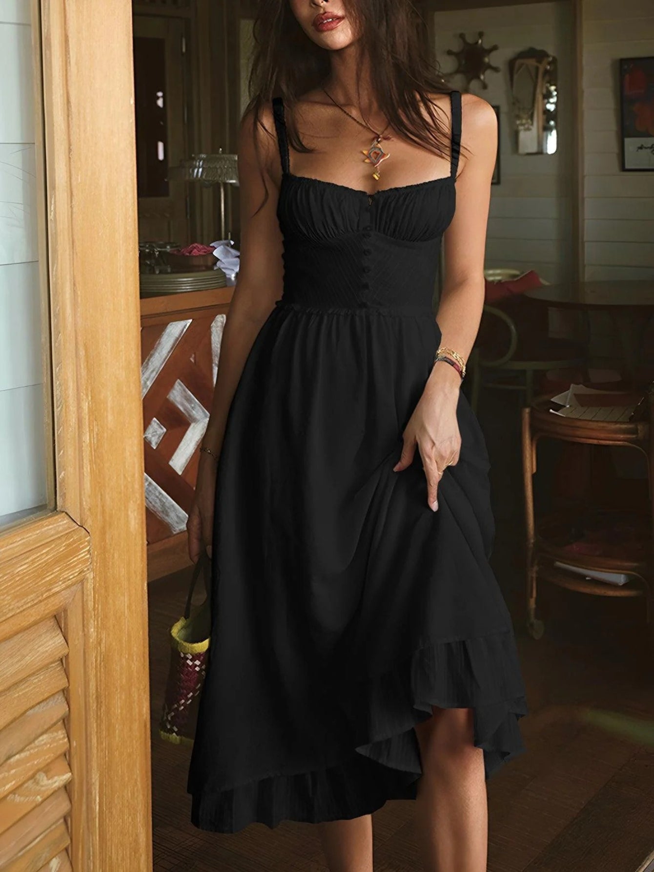 2026 Women'S Sexy Backless High-Waisted Solid Color Spaghetti Strap Dress