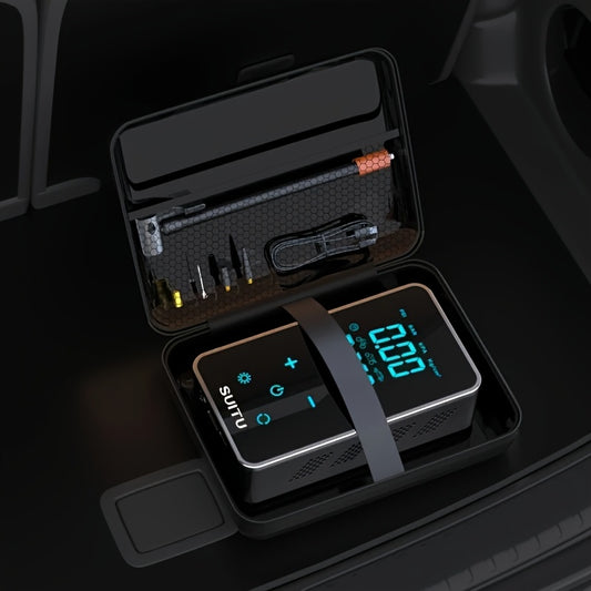 Portable cordless tire inflator, equipped with a digital pressure gauge and LED light for illumination. It is an air inflator suitable for cars, motorcycles, bicycles and balls, and comes with a storage bag and inflation acce