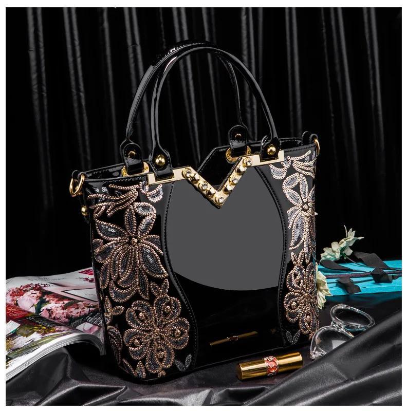 Designer Floral Embroidery Patent Leather Handbag for Women, Large Capacity Shoulder Tote with Zipper Closure, Polyester Lined, Paint Detail, Party Bag