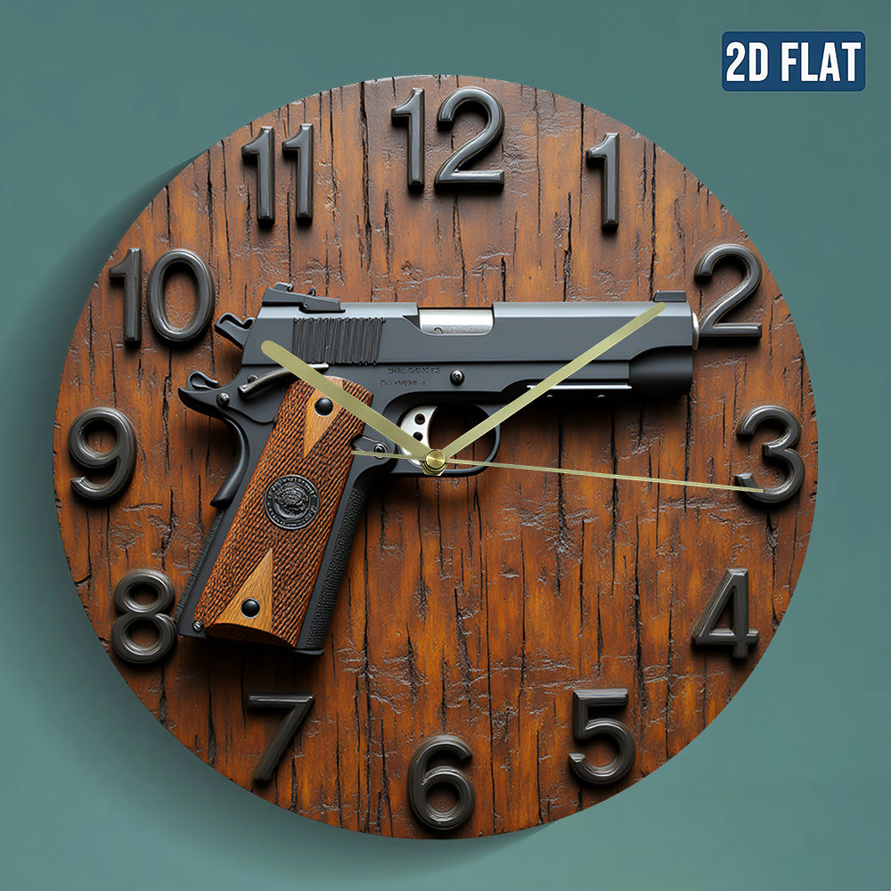 2D Flat Acrylic Wall Clock with Gun Design - Silent Non-Ticking Battery Operated (AA Not Included) - Modern Home Office Dorm Decor - Unique Christmas Halloween Birthday Gift, 2D Flat