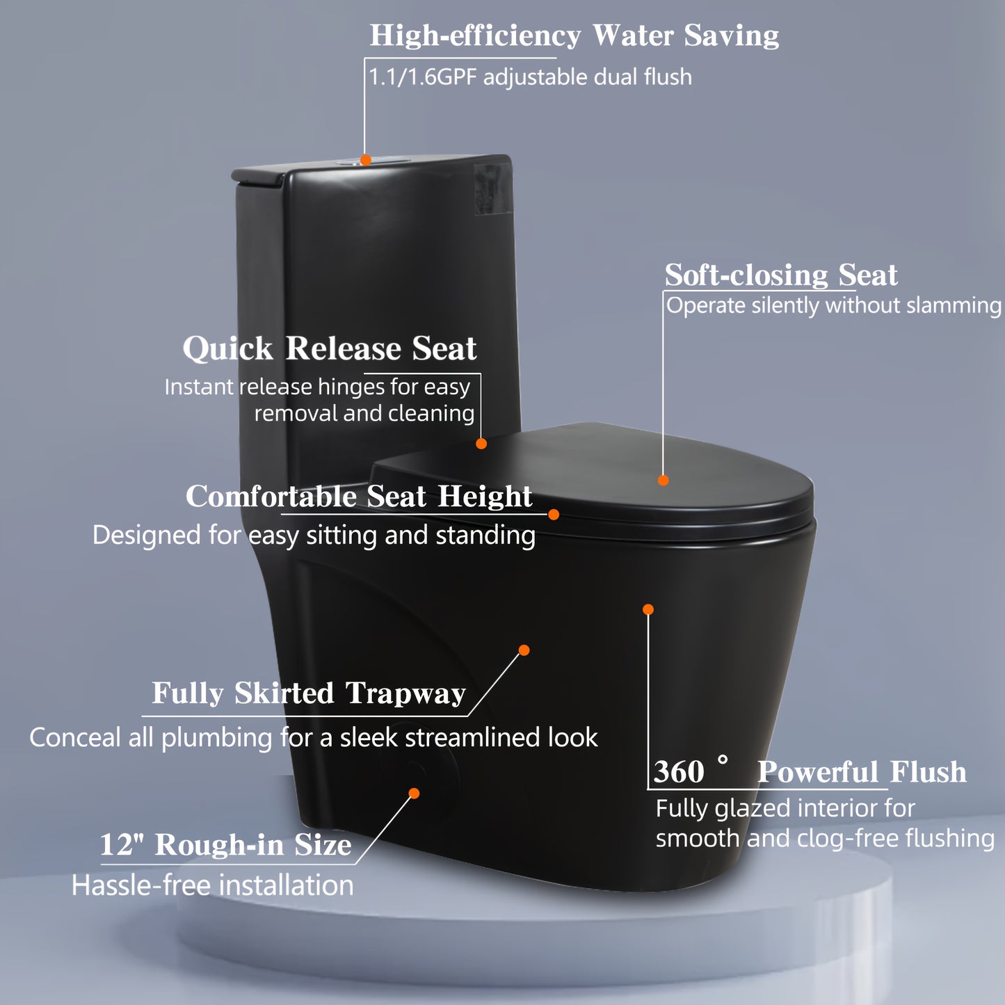 1.1/1.60 GPF Dual-Flush Toilet, Water-Saving Elongated Comfort Height Floor Mounted, Soft Close Seat, 2.2 LB Map Flushing Score Toilet, Matte Black