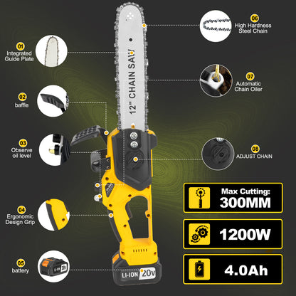 12 Inch Wireless Electric Chainsaw, Equipped With Large Capacity Battery And Fast Charger, Brushless Motor, Portable Handheld Pruning And Shearing Machine, Suitable For Home And Gardening Use